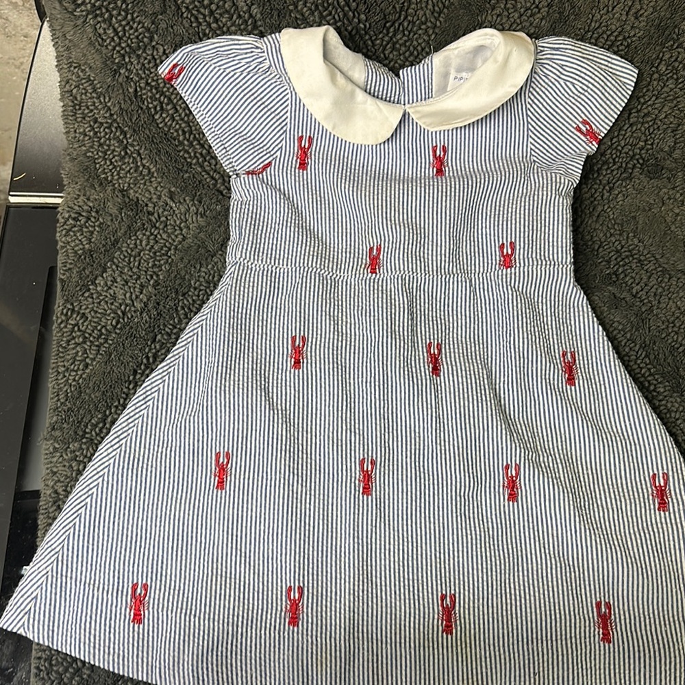 Striped Blue and White Kids Dress with Red embroidered lobsters